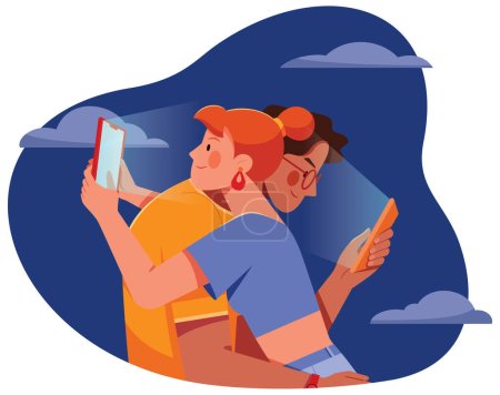 Illustration for Couple of lovers hugging each other, but looking at mobile phones over shoulder. Relationship communication problem and internet social network addiction concept. - Royalty Free Image