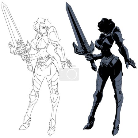 Téléchargez les illustrations : Joli personnage de chevalier féminin dans le style anime, isolé sur fond blanc. - en licence libre de droit