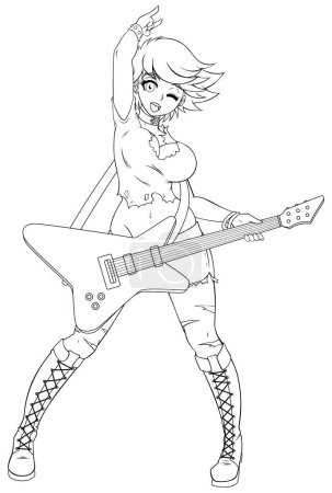 Téléchargez les illustrations : Jolie anime féminin style guitariste line art. - en licence libre de droit