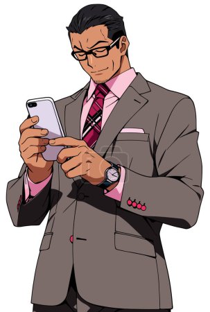 Illustration for Anime businessman on white background, checking his smartphone and smiling. - Royalty Free Image