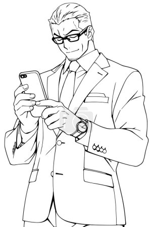 Illustration for Anime businessman on white background, checking his smartphone and smiling. - Royalty Free Image