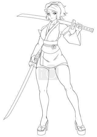 Illustration for Anime style illustration of pretty female samurai on white background. - Royalty Free Image