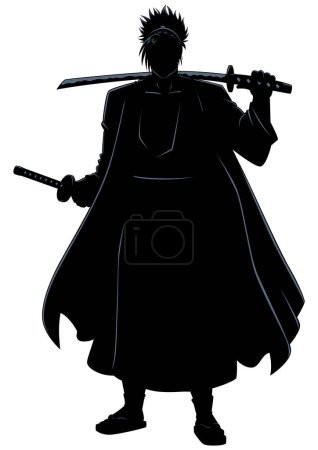 Illustration for Silhouette illustration of strong samurai on white background. - Royalty Free Image