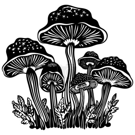 Illustration for Linocut style illustration of black and white mushrooms. - Royalty Free Image