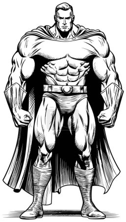 Illustration en noir et blanc d'un super-héros puissant debout.
