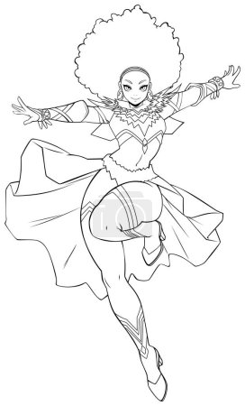 Illustration for Anime style illustration of black African female superhero flying, line art. - Royalty Free Image