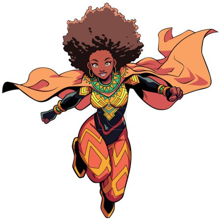 Illustration for Anime style illustration of black African female superhero flying on white background. - Royalty Free Image