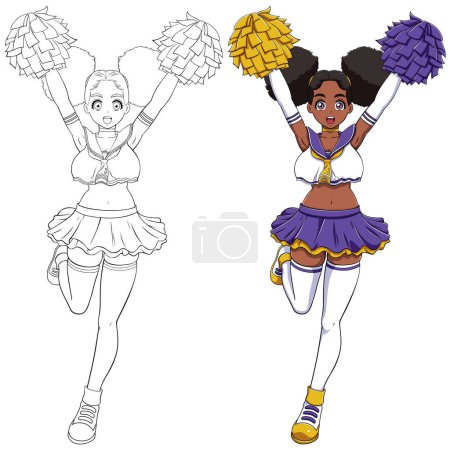 Illustration for Anime style illustration of cute black cheerleader on white background. - Royalty Free Image