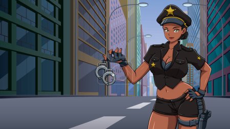 Illustration for Sexy black anime girl in police uniform holding handcuffs on a city street at night. - Royalty Free Image