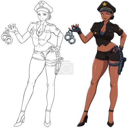 Ilustración de Sexy chica de anime negro en uniforme de policía sosteniendo esposas sobre fondo blanco. - Imagen libre de derechos