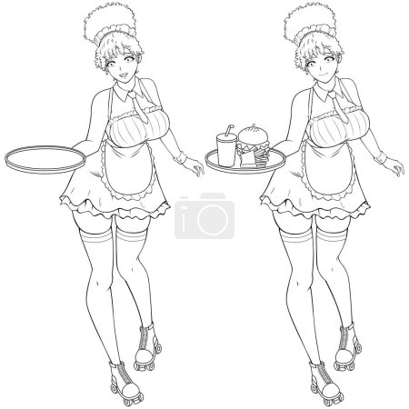Illustration for Anime line art illustration of black waitress holding tray while wearing uniform. - Royalty Free Image