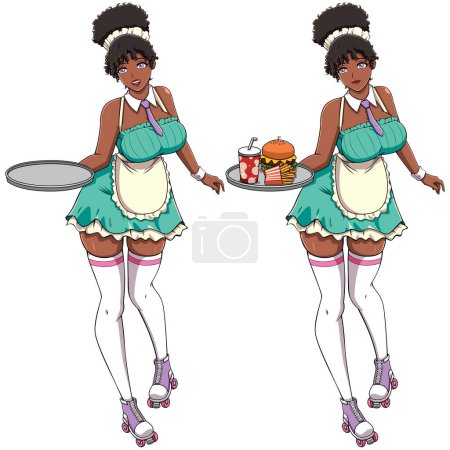 Illustration for Anime illustration of black waitress holding tray while wearing uniform. - Royalty Free Image