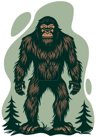 Linocut illustration of Bigfoot wandering in forest.