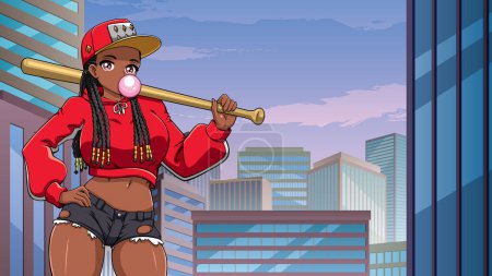 Illustration for Anime style illustration of young black girl holding baseball bat in city street. - Royalty Free Image