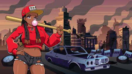 Illustration for Anime style illustration of young black girl holding baseball bat on the street of a ruined city. - Royalty Free Image