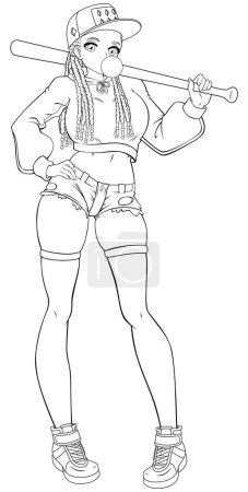Ilustración de Ilustración de arte de línea de estilo anime de niña negra sosteniendo bate de béisbol sobre fondo blanco. - Imagen libre de derechos