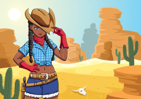 Illustration for Anime style illustration of teenage black girl in cowboy outfit and in American desert. - Royalty Free Image