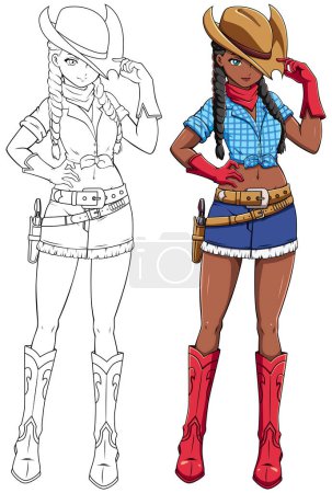Illustration for Anime style illustration of teenage black girl in cowboy outfit on white background. - Royalty Free Image