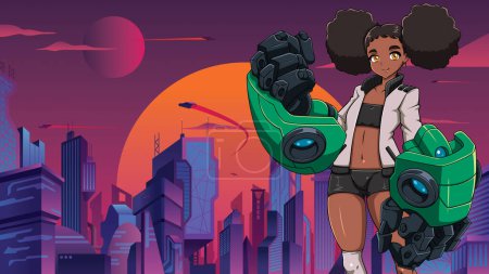 Téléchargez les illustrations : Illustration de style anime d'une adolescente noire aux bras robotisés dans une ville futuriste. - en licence libre de droit