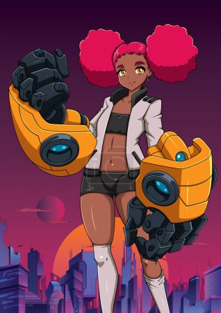 Illustration for Anime style illustration of black teenage girl with robotic arms in futuristic city. - Royalty Free Image
