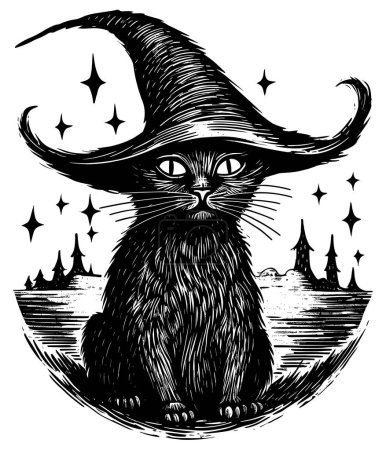 Téléchargez les illustrations : Style Woodcut illustration noir et blanc de chat portant un chapeau de sorcières. - en licence libre de droit
