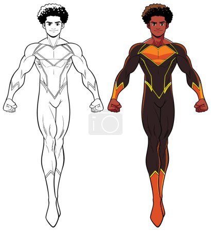 Illustration for Anime style illustration of black teenage superhero flying on white background. - Royalty Free Image