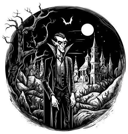 Téléchargez les illustrations : Illustration de style gravé sur bois du comte Dracula debout devant son château la nuit. - en licence libre de droit