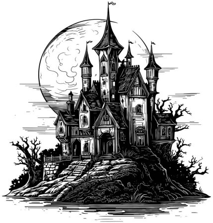 Woodcut style illustration of creepy dark castle.