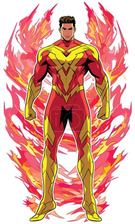 Illustration for Anime style illustration of superhero with fire superpower, flying on white background. - Royalty Free Image