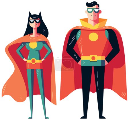 Illustration for Flat style illustration of superhero couple standing on white background. - Royalty Free Image