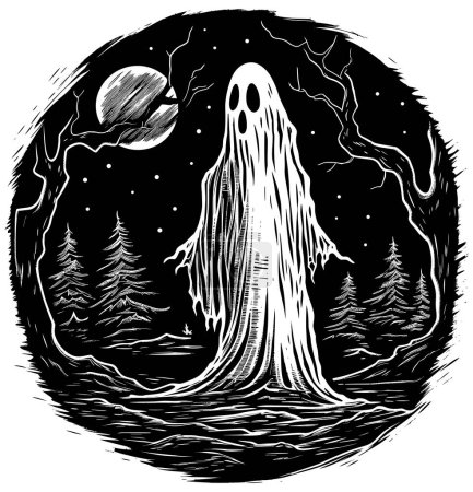 Téléchargez les illustrations : Illustration de style Woodcut d'un fantôme effrayant errant dans une forêt hantée. - en licence libre de droit