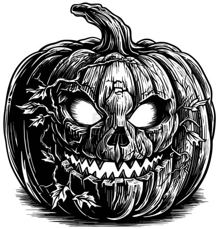 Illustration for Woodcut style illustration of creepy Halloween pumpkin lantern on white background. - Royalty Free Image
