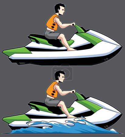 Téléchargez les illustrations : Mascotte illustration de personne chevauchant jet ski sur fond blanc. - en licence libre de droit