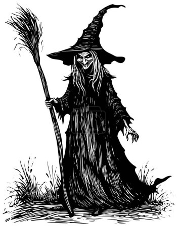 Woodcut style illustration of creepy old witch isolated on white background.