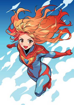 Illustration for Anime style illustration of red haired superheroine flying in the sky. - Royalty Free Image