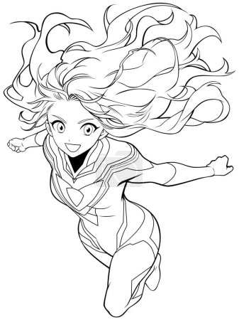 Illustration for Anime style line art illustration of superheroine flying. - Royalty Free Image