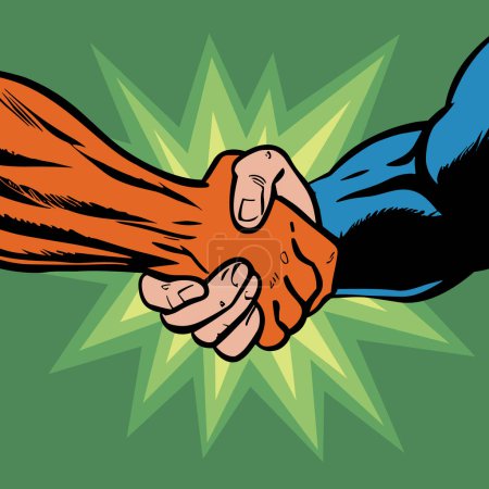Ilustración de Ilustración estilo cómic de dos superhéroes dándose la mano. - Imagen libre de derechos