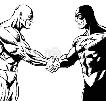 Téléchargez les illustrations : Illustration de style bande dessinée de deux super-héros serrant la main. - en licence libre de droit