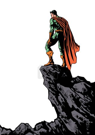 Illustration for Comic book style superhero standing on the edge of a cliff, looking down and reminiscing during sunset. - Royalty Free Image