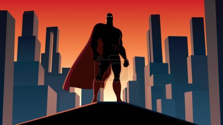 Illustration for Cartoon style superhero standing on the edge of a roof, looking down during sunset. - Royalty Free Image