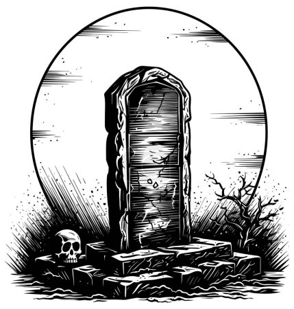 Téléchargez les illustrations : Illustration de style gravé sur bois de pierres tombales effrayantes la nuit. - en licence libre de droit