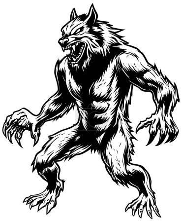 Spooky line art illustration of fierce werewolf on white background.