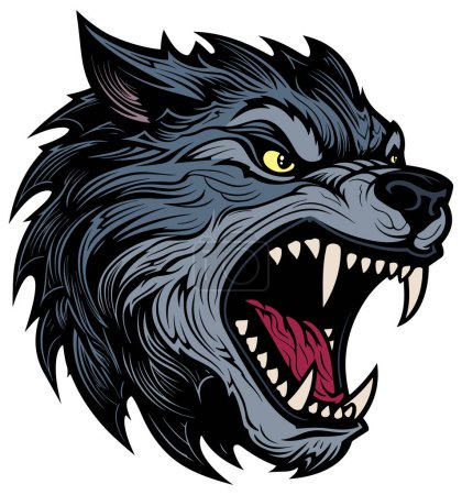 Mascot illustration of fierce grey wolf, ready to attack.