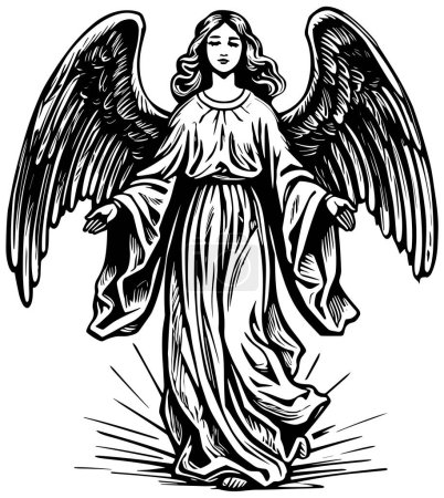 Woodcut style illustration of beautiful angel greeting you with open arms on white background.