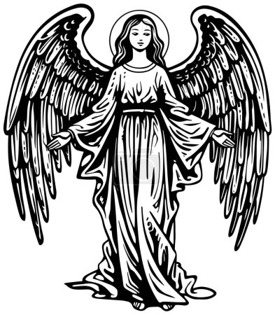 Ilustración de Ilustración estilo Woodcut de hermoso ángel que le saluda con los brazos abiertos sobre fondo blanco. - Imagen libre de derechos