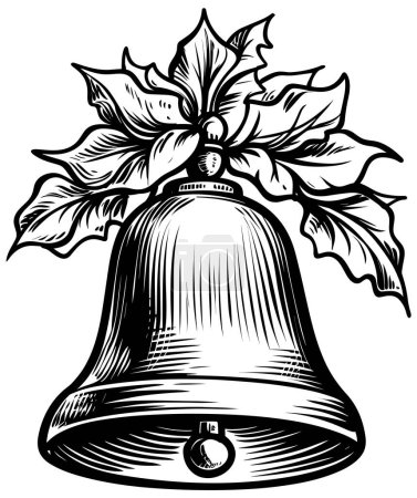 Ilustración de Ilustración estilo Woodcut de la campana de Navidad sobre fondo blanco. - Imagen libre de derechos