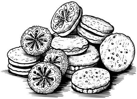 Illustration for Woodcut style illustration of a pile of Christmas cookies on white background. - Royalty Free Image