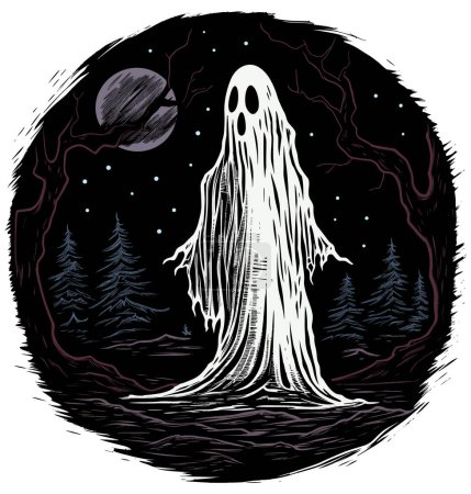 Illustration for Illustration of spooky ghost wandering in haunted forest. - Royalty Free Image