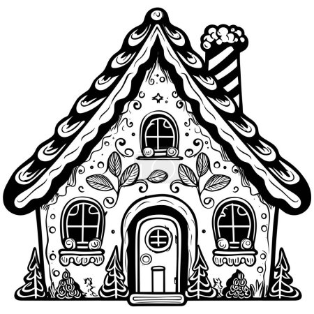 Illustration for Linocut style illustration of gingerbread house isolated on white background. - Royalty Free Image