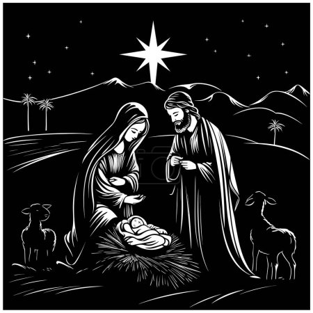Illustration for Black and white illustration of the nativity scene. - Royalty Free Image
